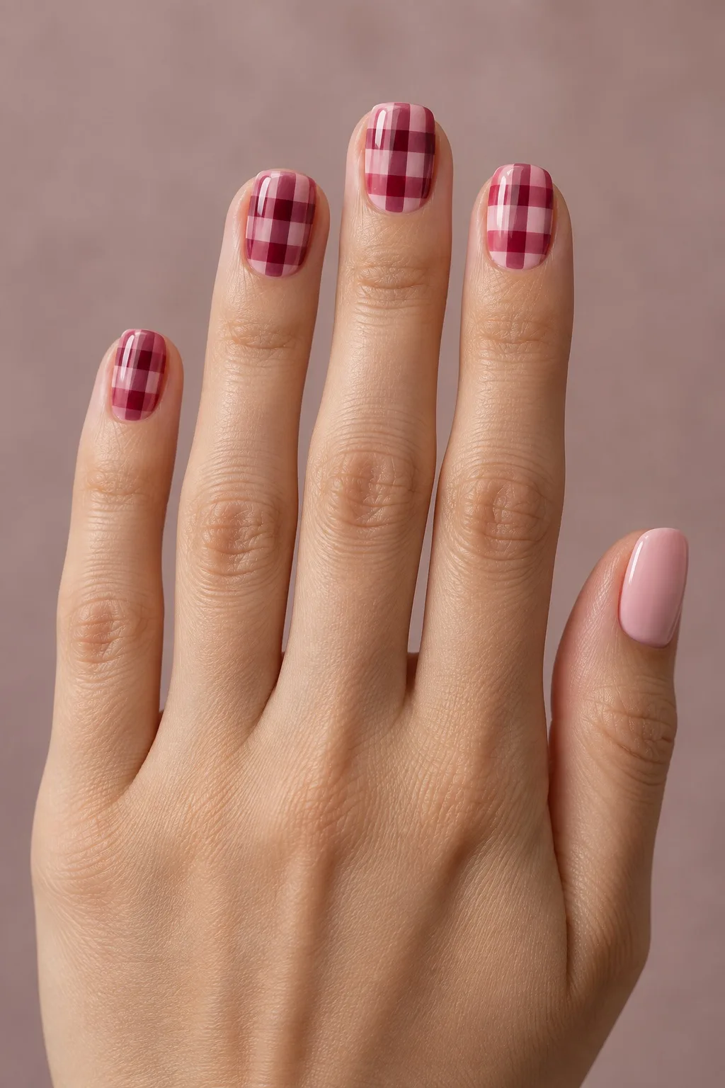 Berry Gingham on Blush — plaid nails for fall