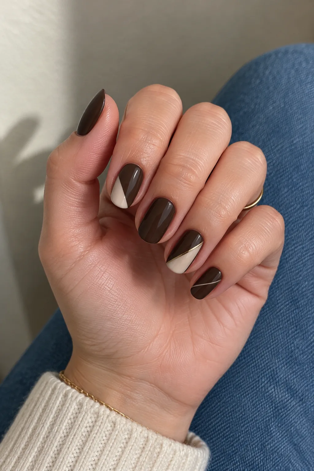 Short oval nails in espresso brown with cream diagonal color blocks for wide nail beds