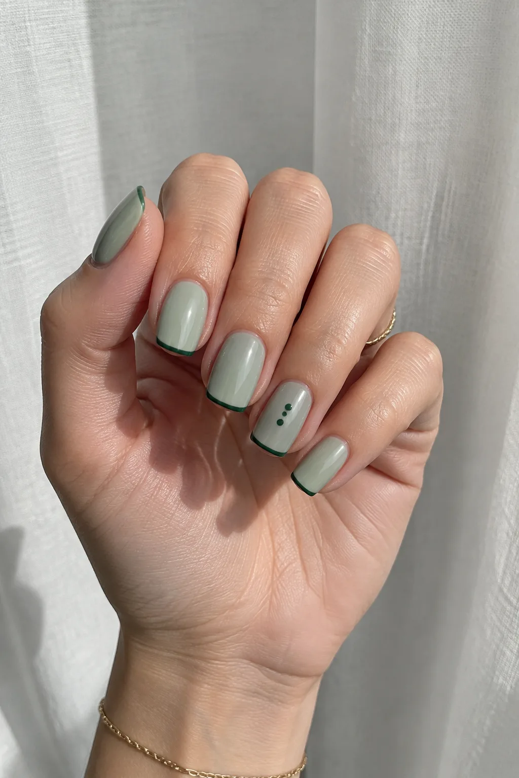 Tapered squoval nails in milky sage with a thin forest green micro French tip