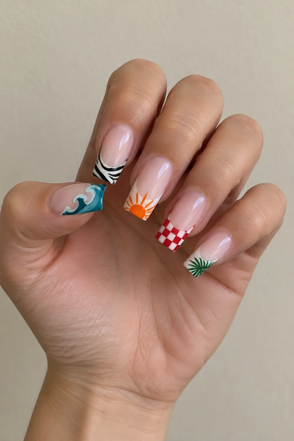Tiny mismatched motifs painted on each French tip of long square nails