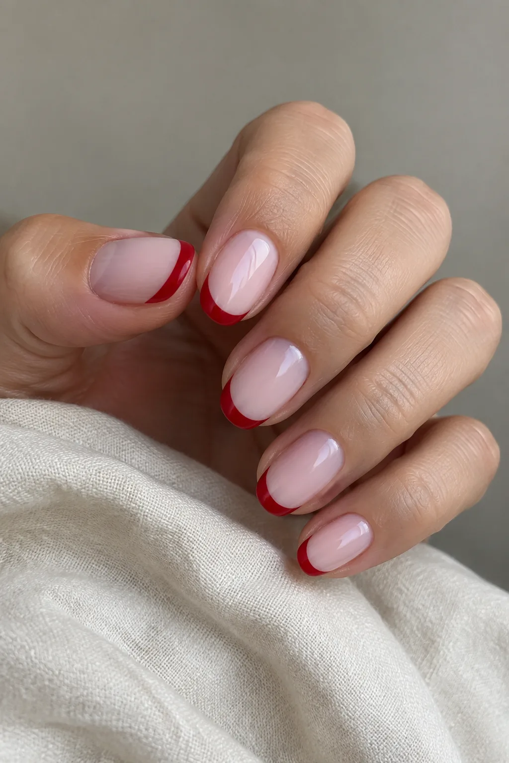 Cherry red French tips layered over a milky pink base on round nails