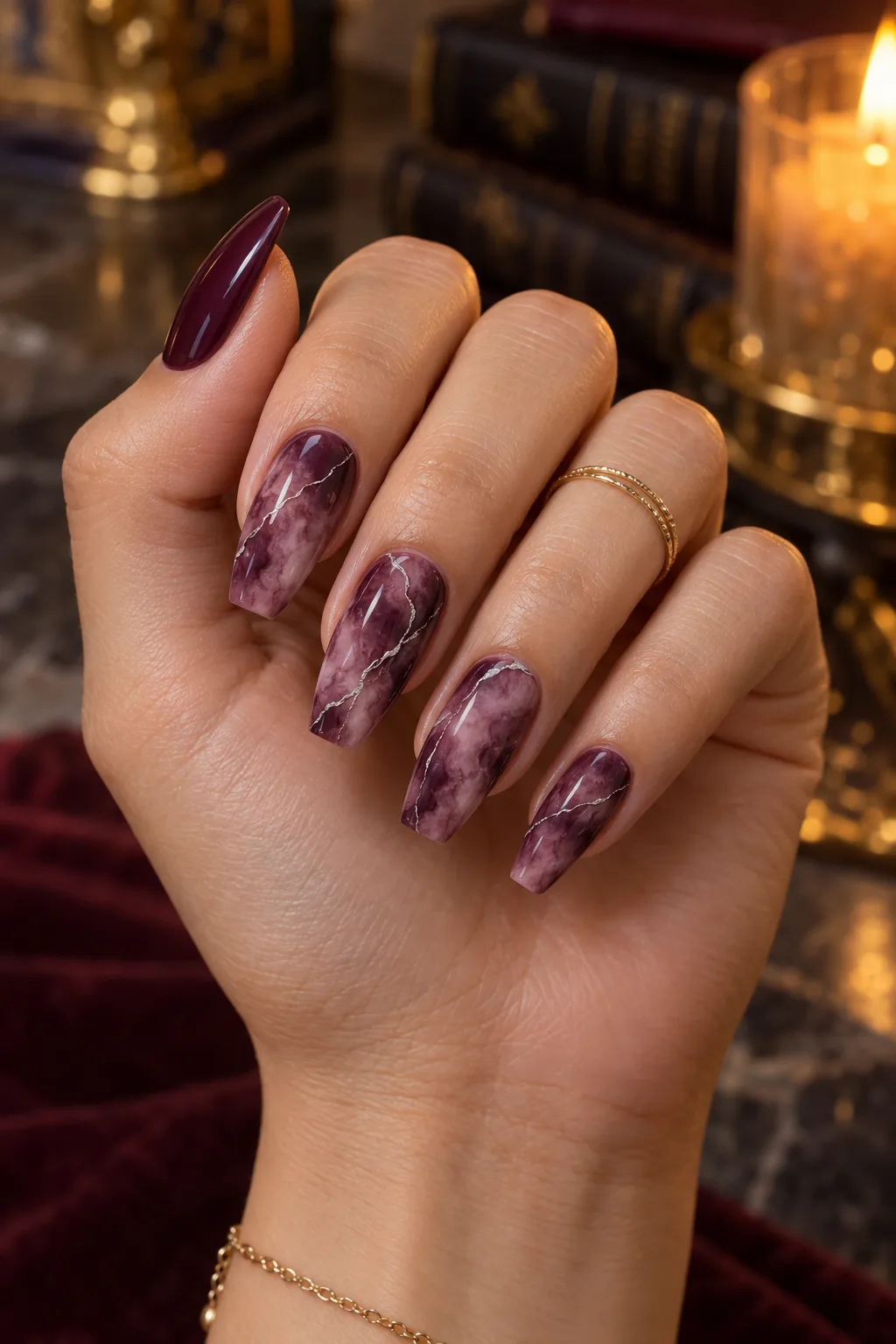Plum marble dark plum nails for fall with silver veins on ballerina nails