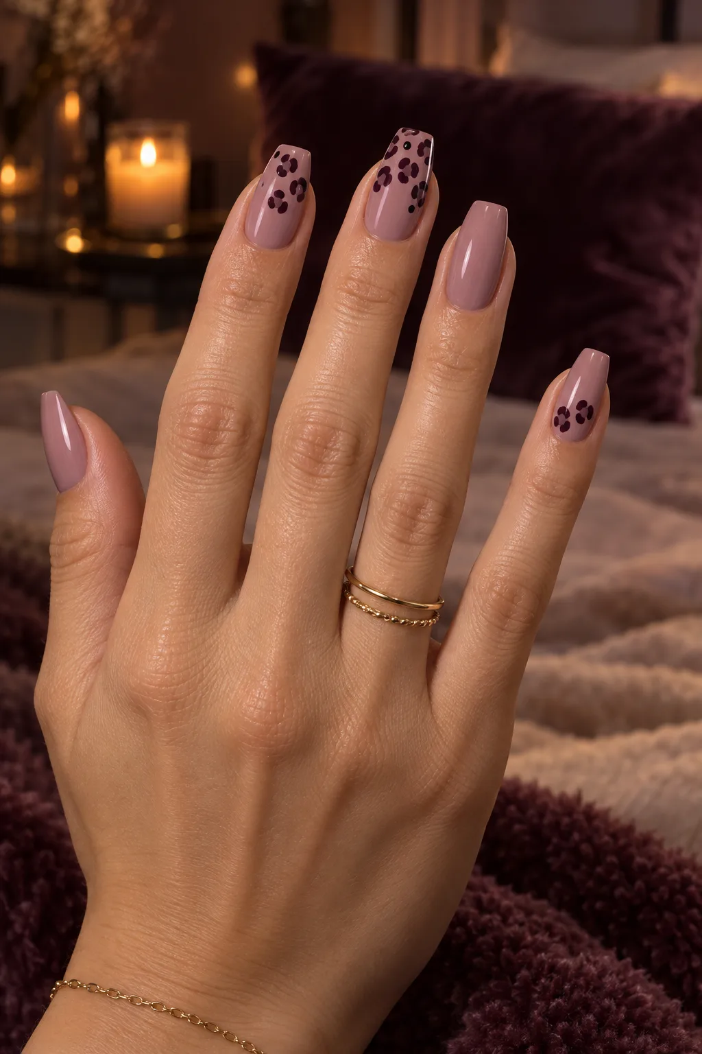Plum leopard print dark plum nails for fall on flare shaped nails