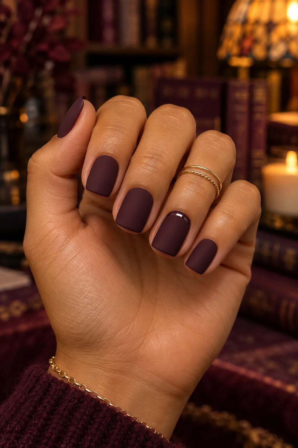 Matte plum nails for fall in a short square shape with suede-like finish