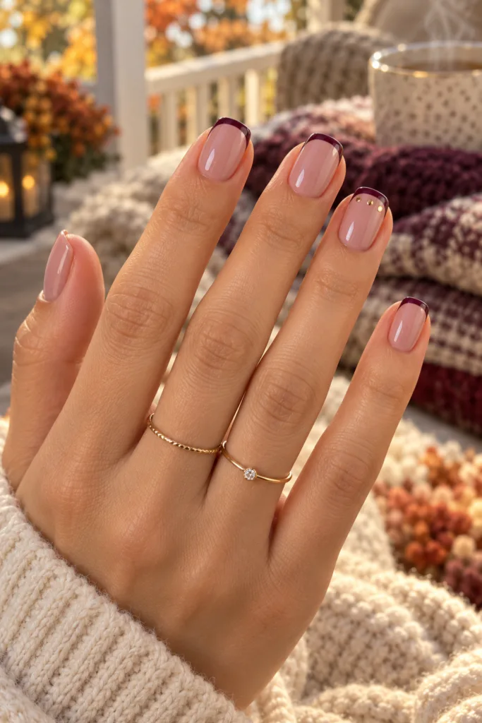 Dark plum nails for fall with thin plum micro French tips