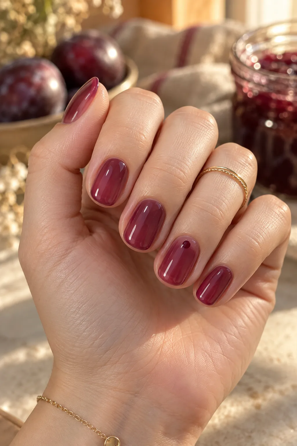 Sheer dark plum jelly nails for fall on short round nails with glassy finish