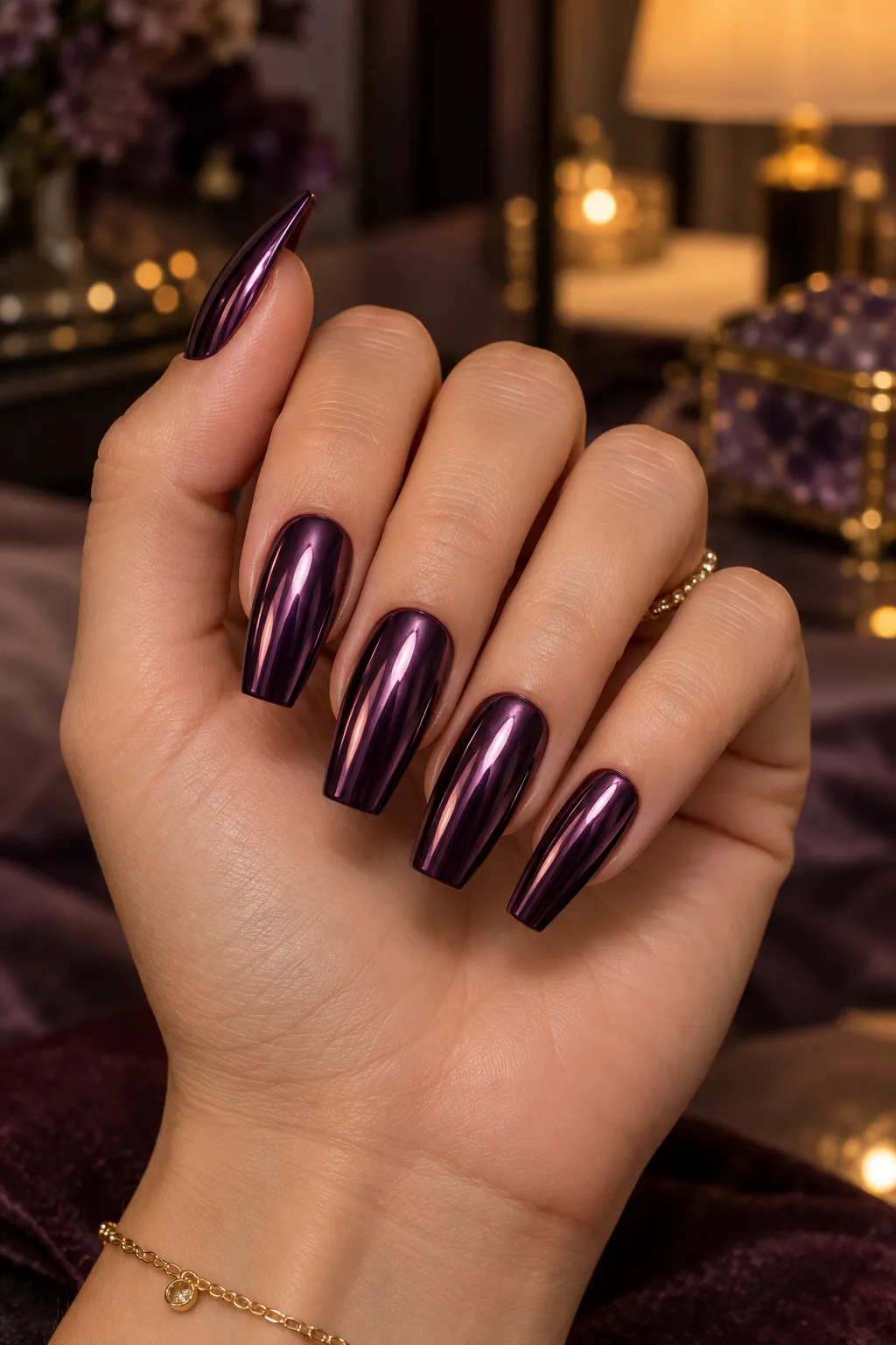 Plum chrome mirror dark plum nails for fall on coffin nails