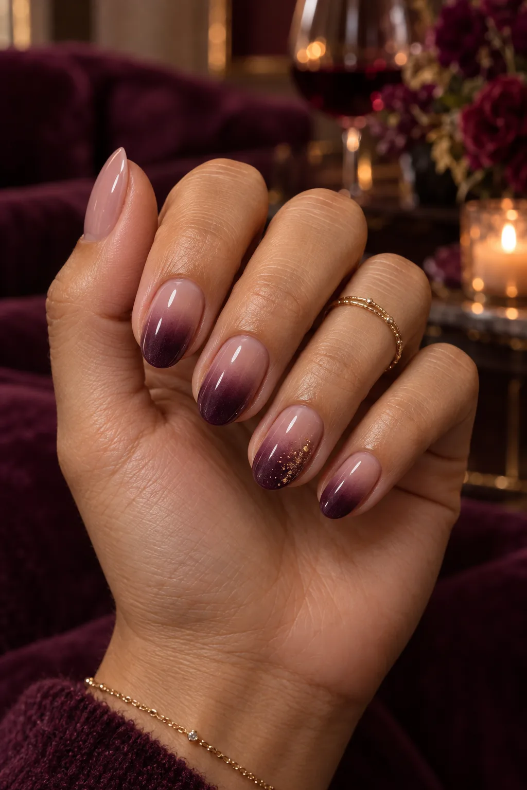 Dark plum nails for fall with airbrushed smoky plum aura on sheer mauve base