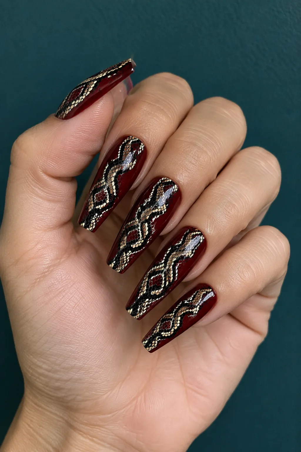 Black cherry snakeskin print dark red fall nails on long coffin