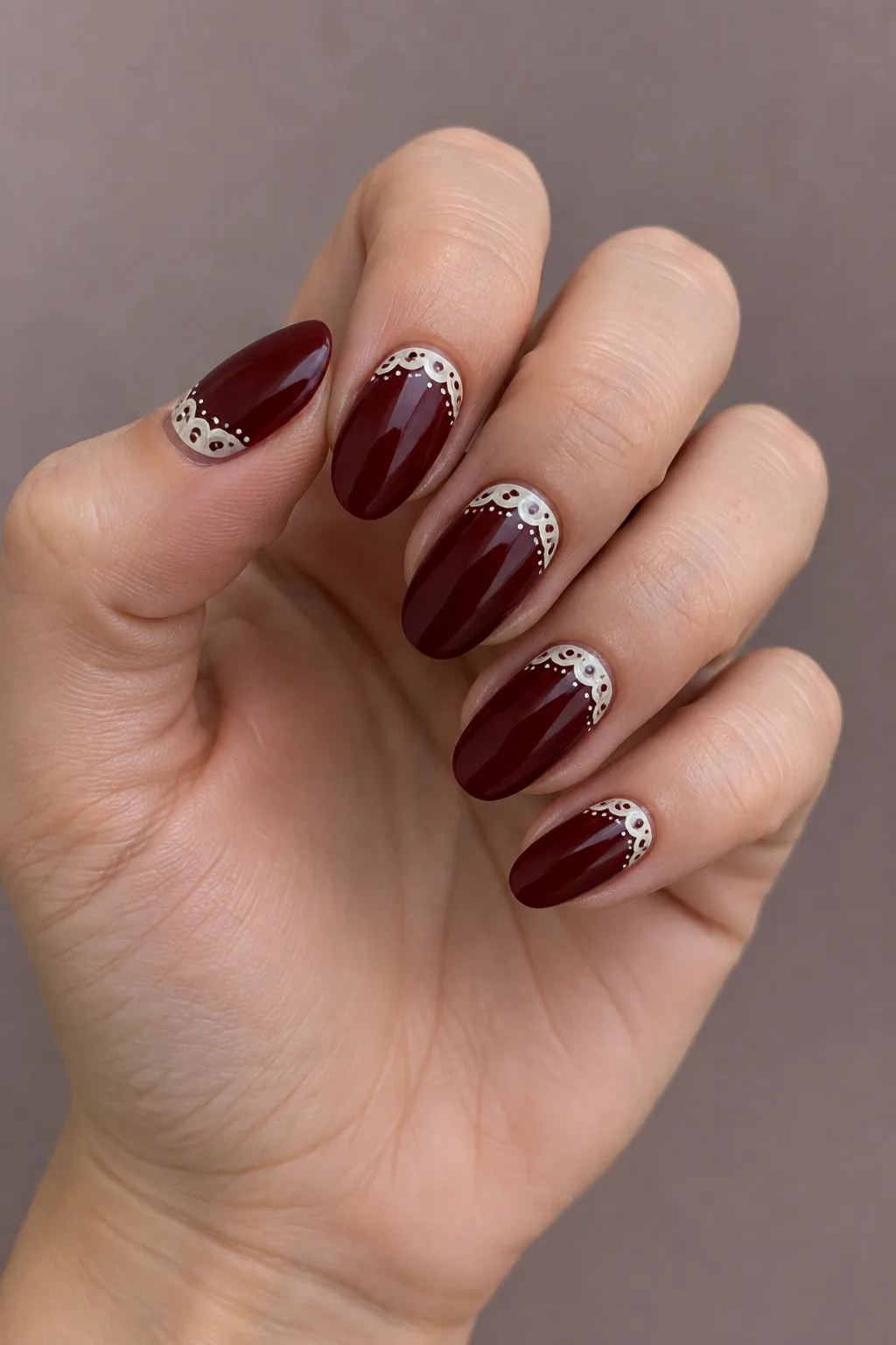 Wine with cream lace cuff dark red fall nails on oval shape