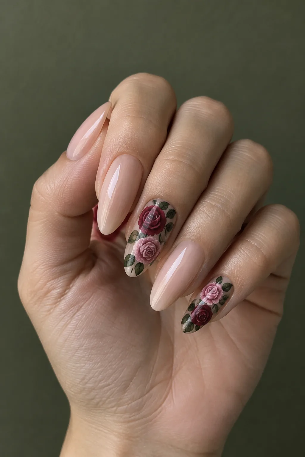 Painted wine rose dark red fall nails on long almond shape