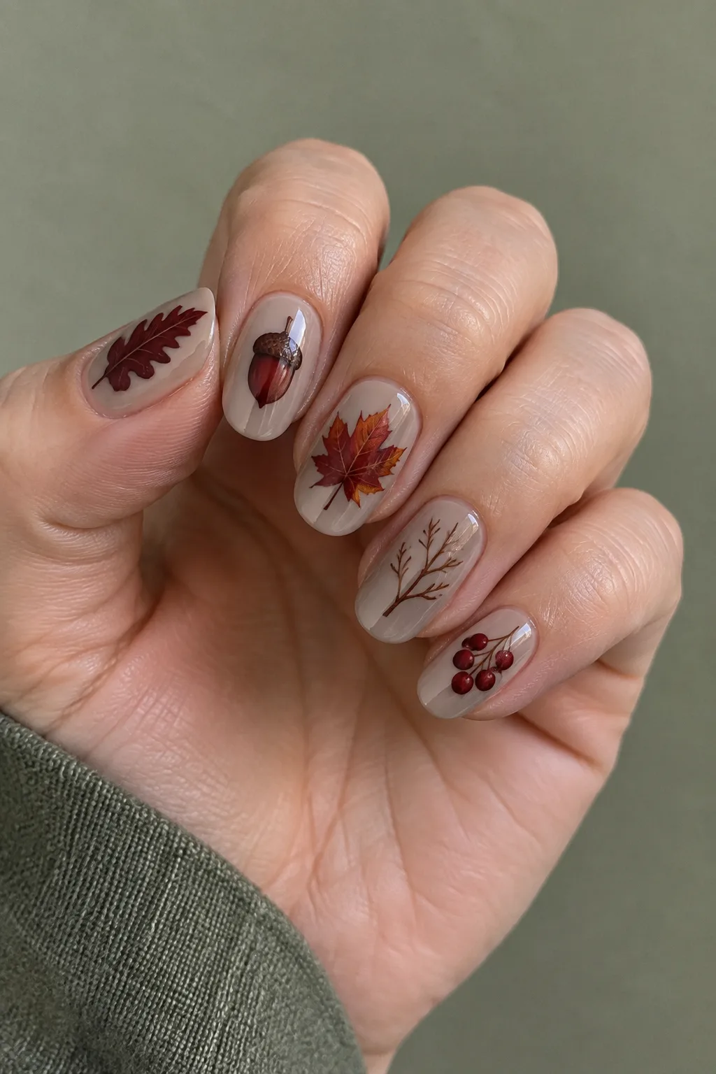 Mix and match leaf art dark red fall nails on short oval nails