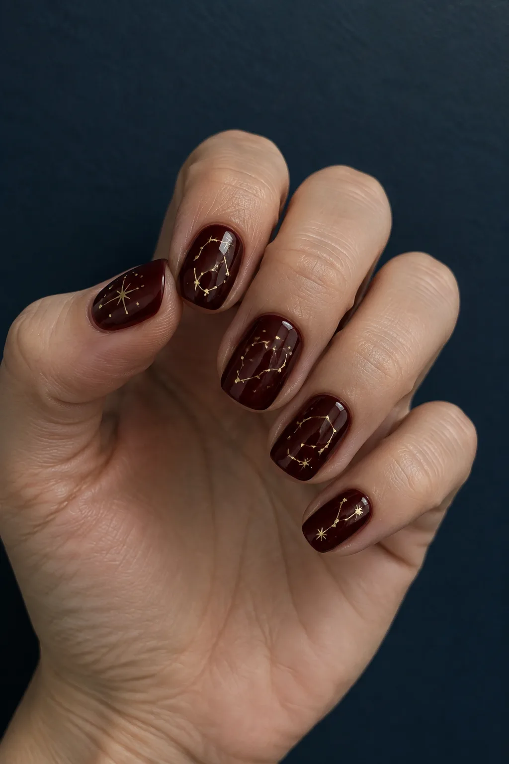 Gold constellation art on black cherry dark red fall nails