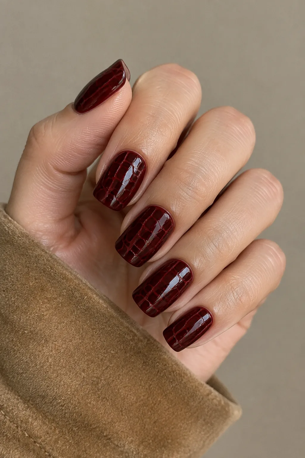 Oxblood croc leather texture dark red fall nails on flare shape