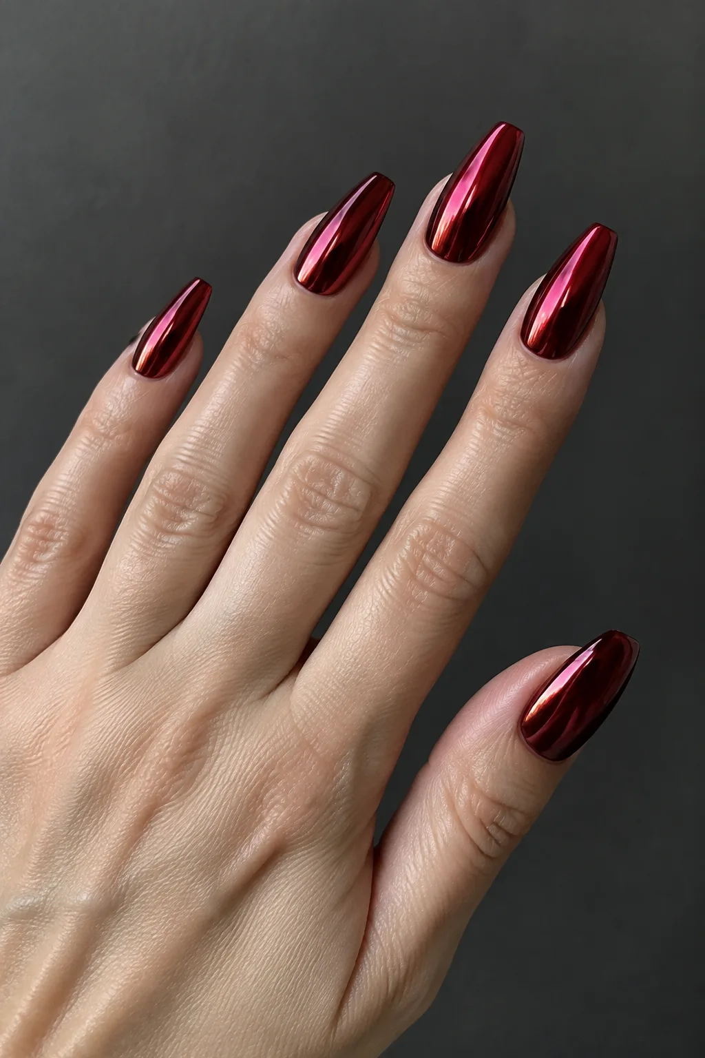 Wine red chrome coffin dark red fall nails that look like metal