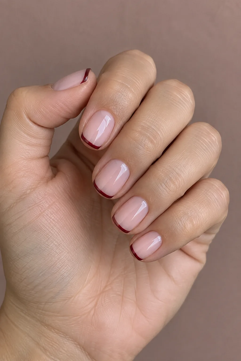 Oxblood micro french tips on short square dark red fall nails