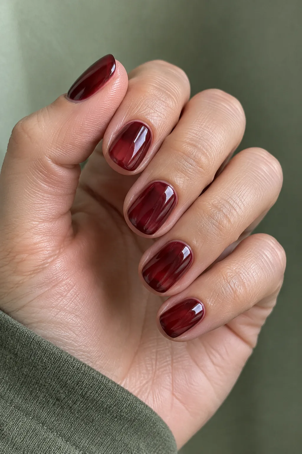 Sheer black cherry jelly dark red fall nails on short round shape