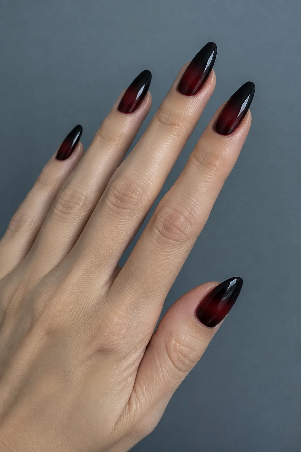Oxblood to black smoke ombre dark red fall nails on ballerina shape