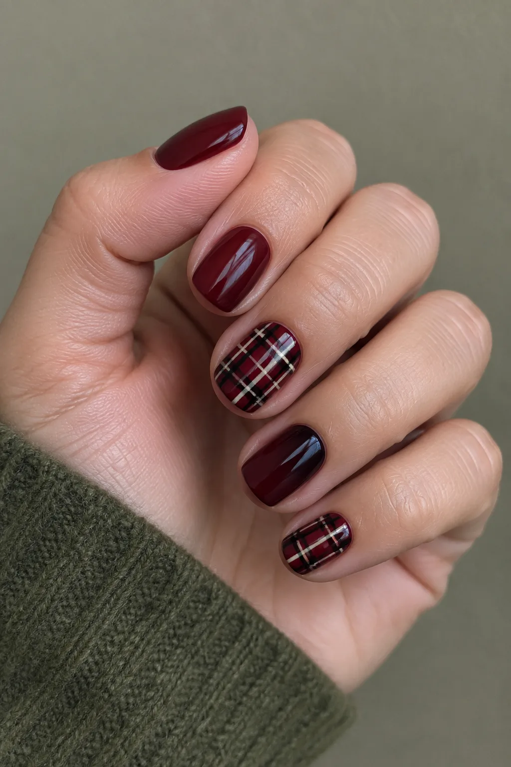Wine tartan plaid dark red fall nails with cream and black lines