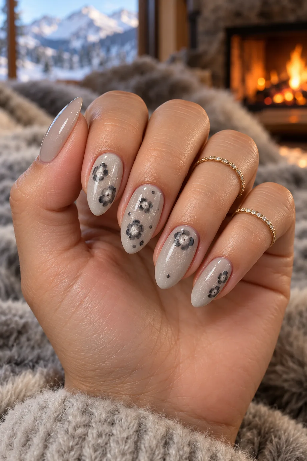 Grey and white snow leopard print nails, December nail ideas not Christmas