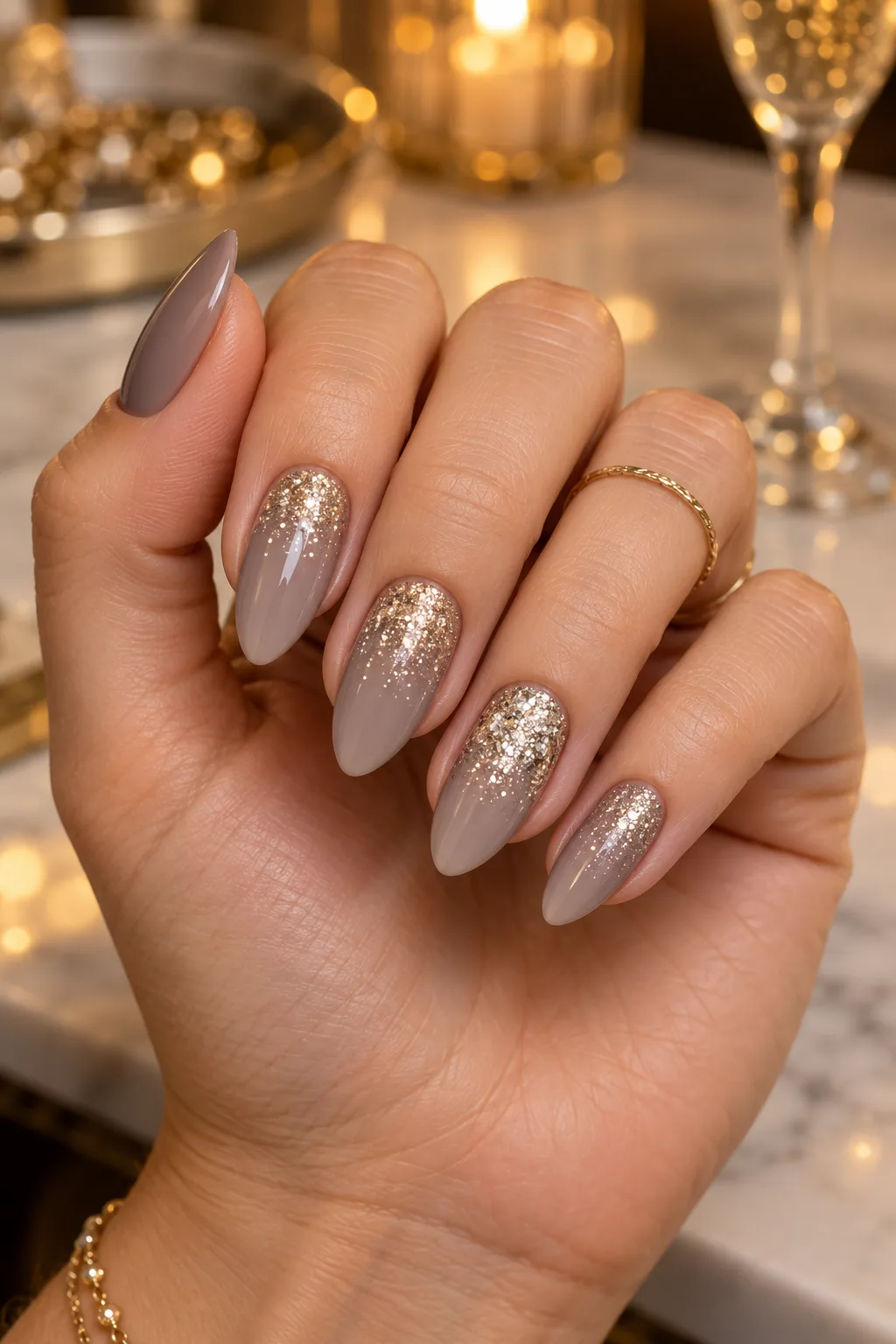 Taupe nails with champagne glitter tips, December nail ideas not Christmas