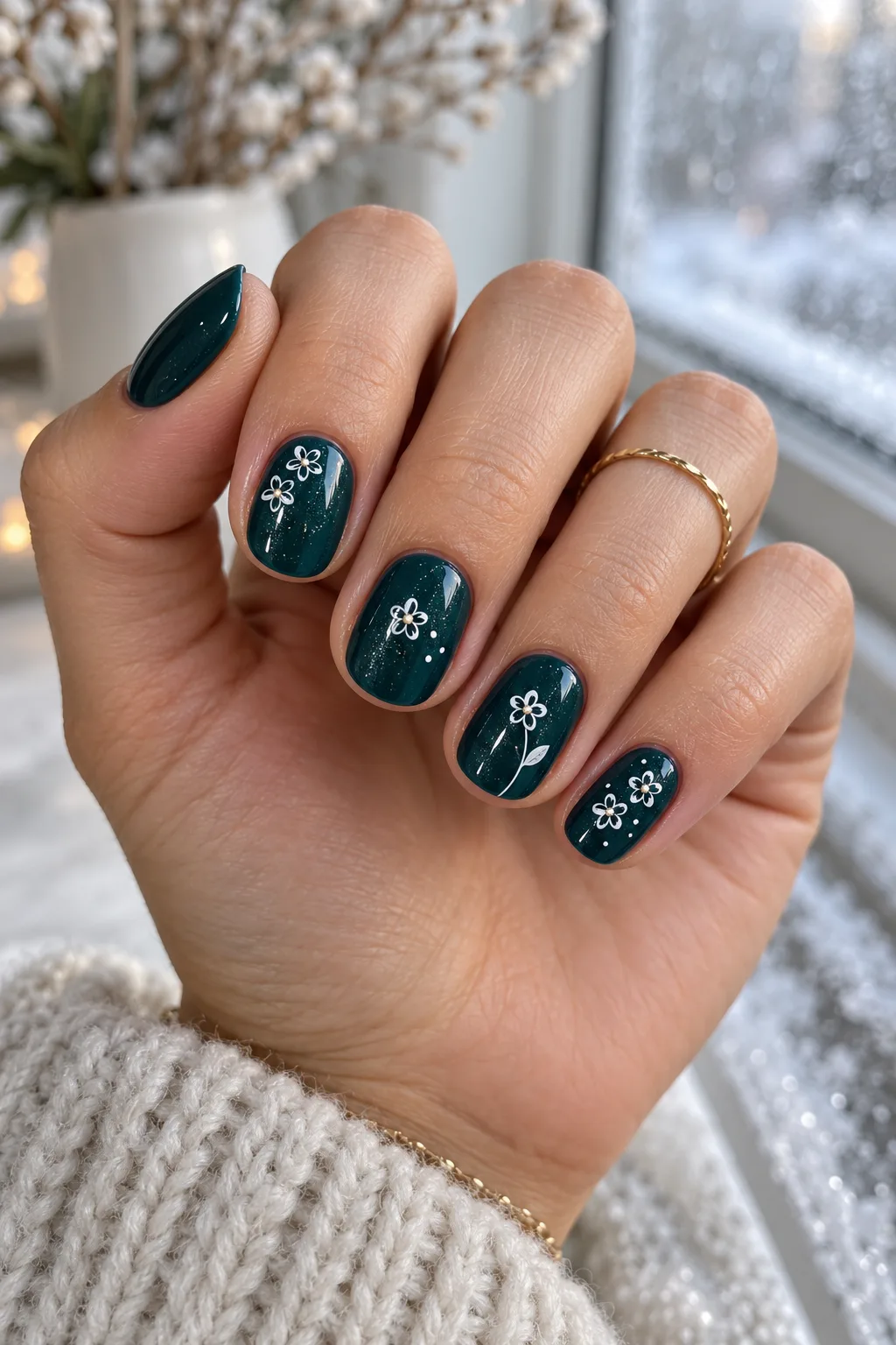 Deep teal nails with white outline winter flowers, December nail ideas not Christmas
