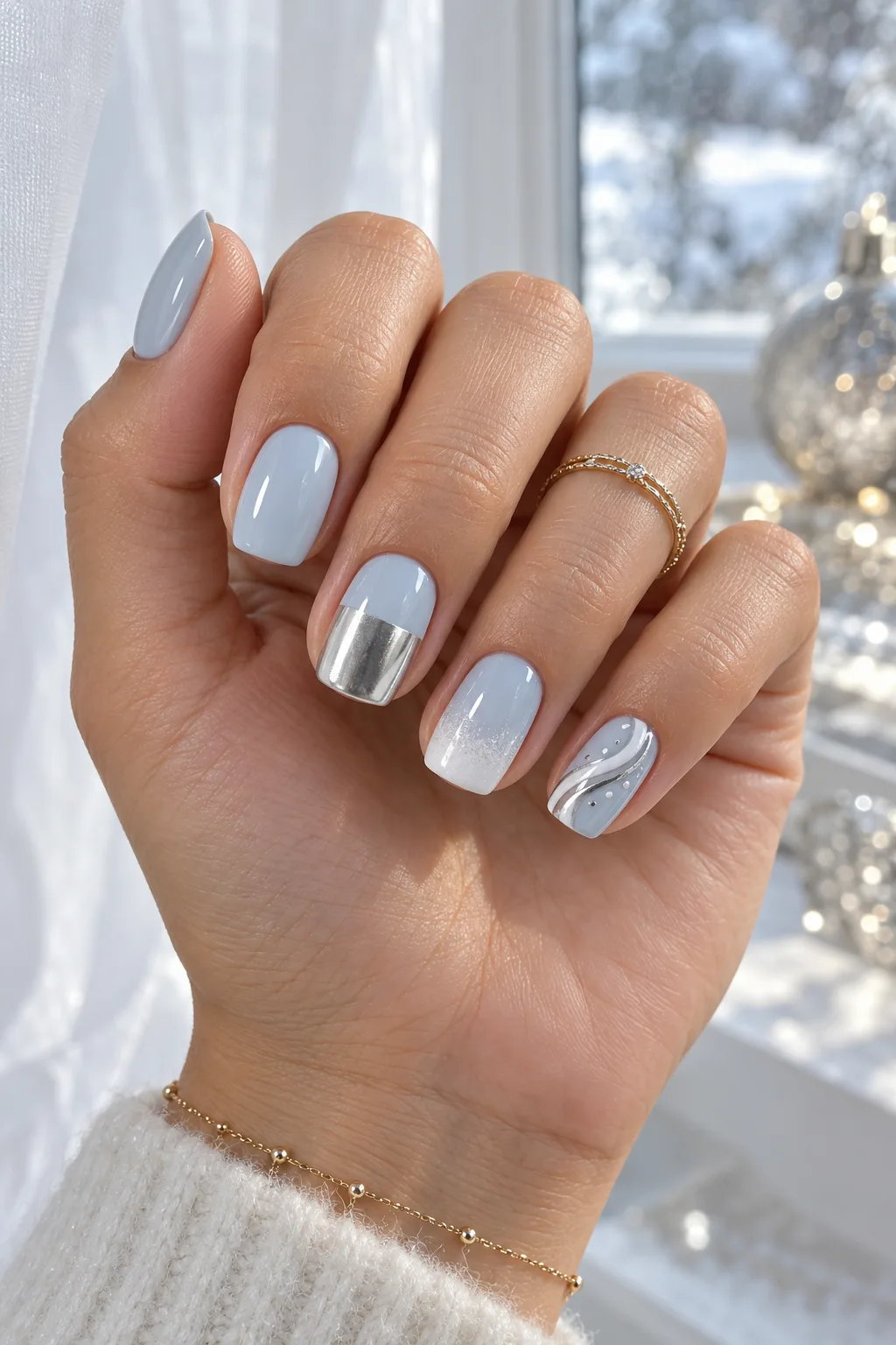 December nail ideas not Christmas: mix and match icy chrome and swirl set