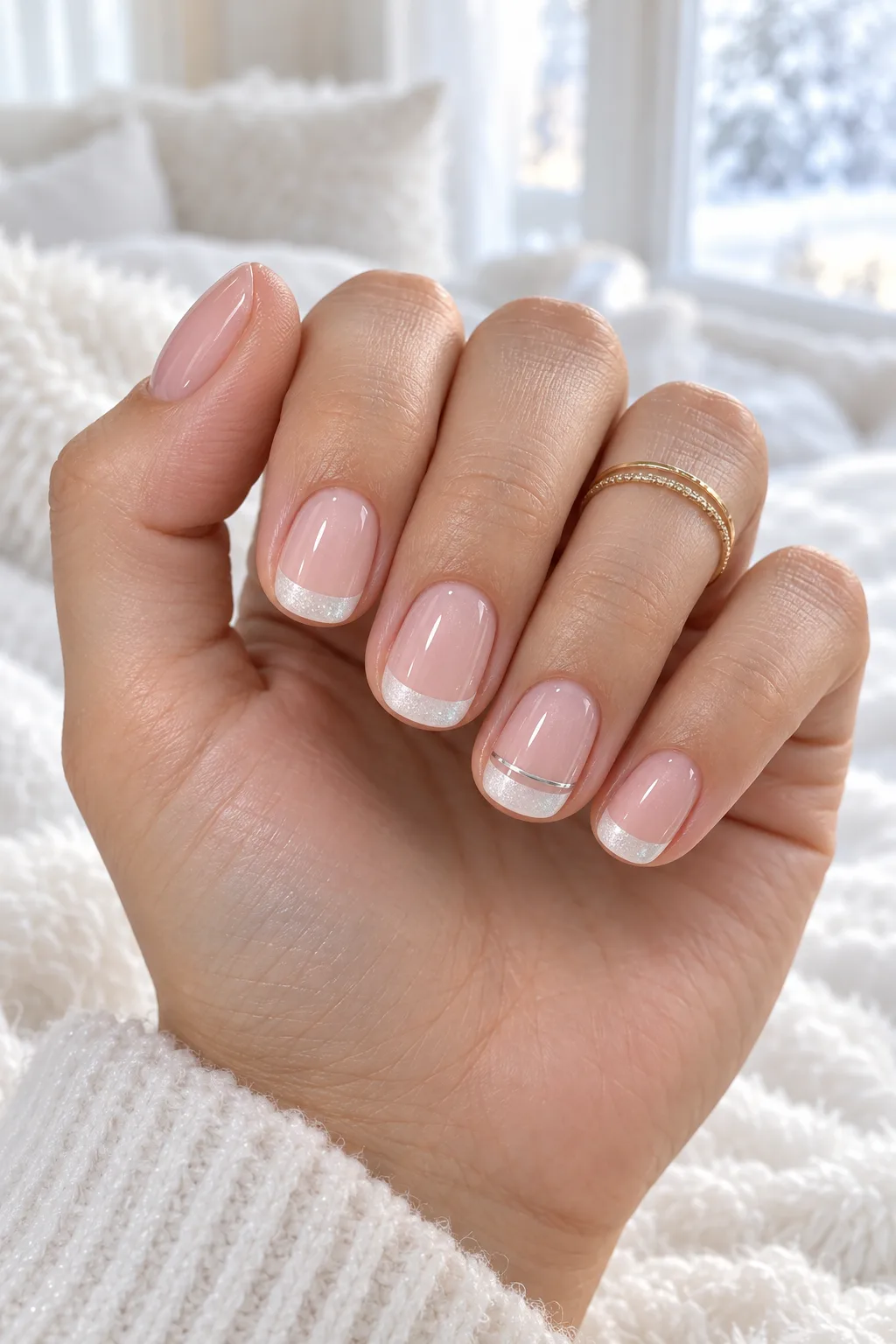 December nail ideas not Christmas: frosted white French tips with pearl glow