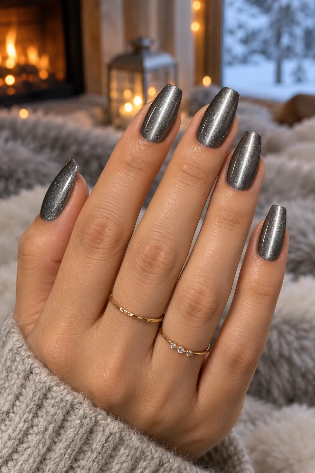 December nail ideas not Christmas: pewter cat-eye coffin nails with light band