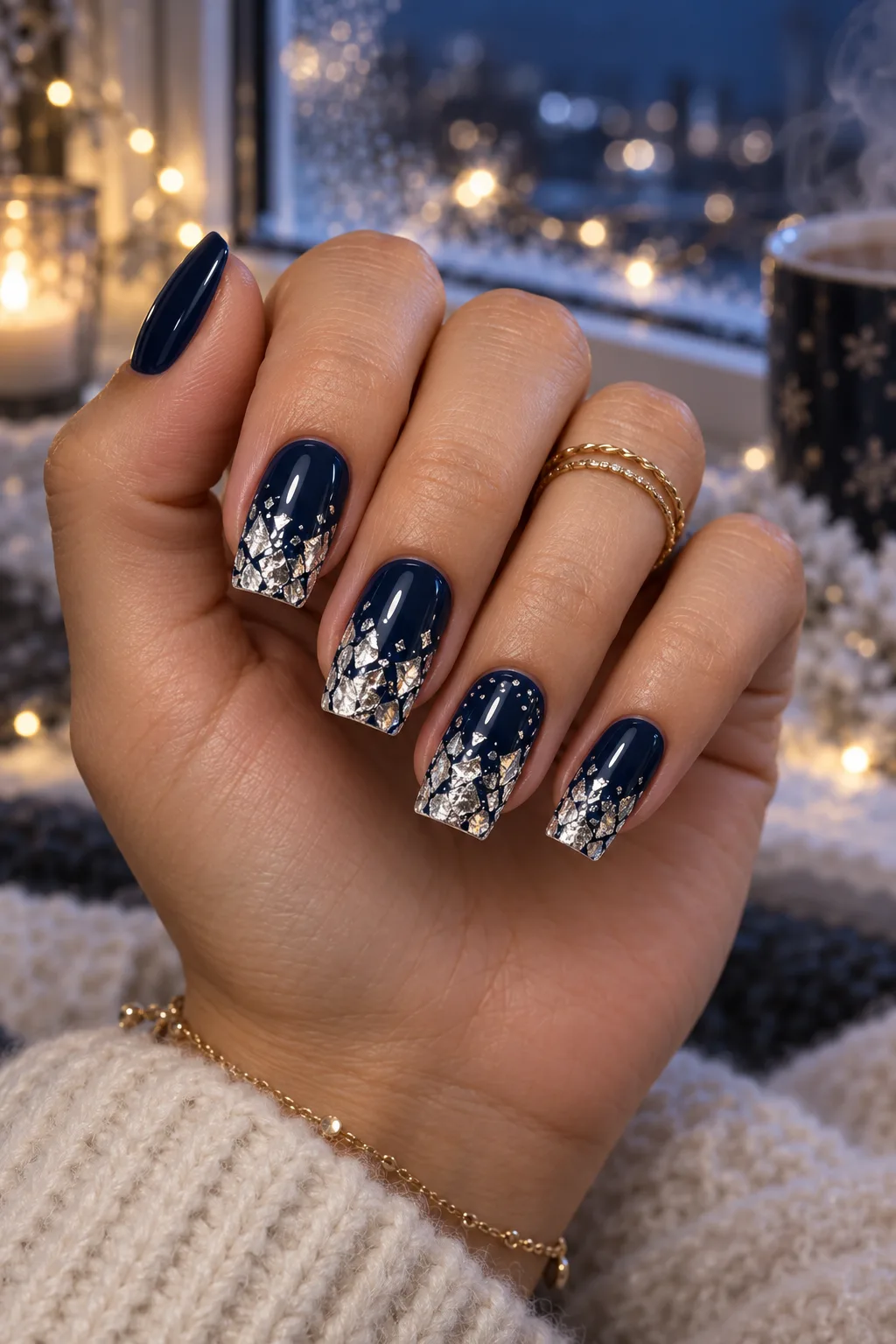 Navy nails with cracked silver foil tips, December nail ideas not Christmas
