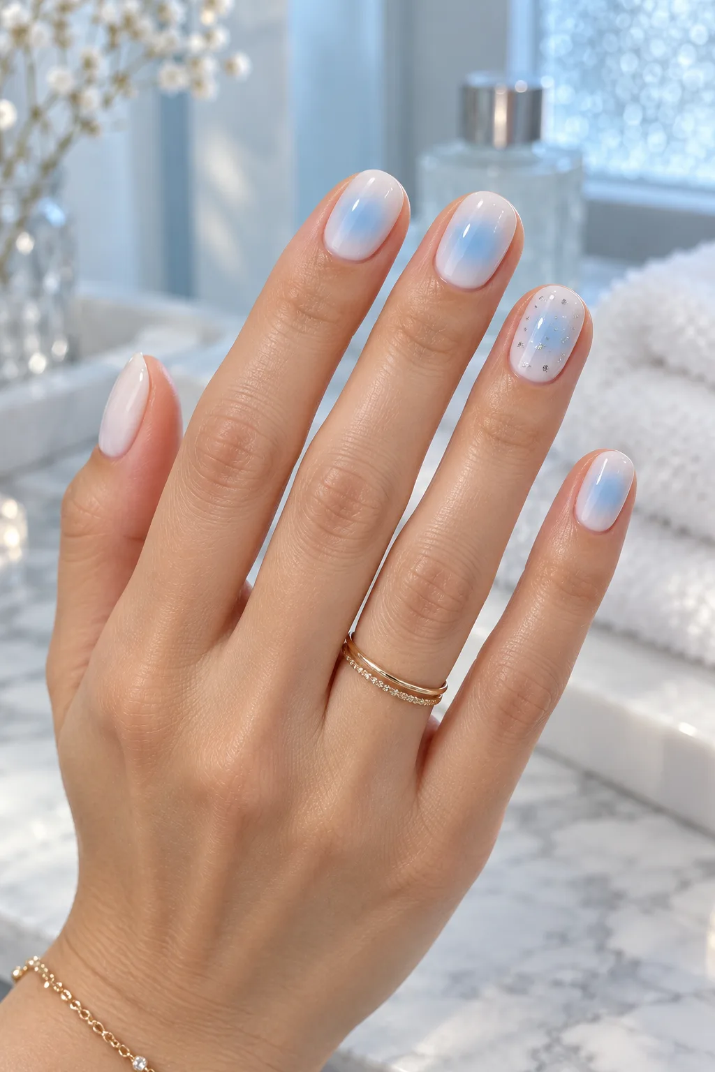 December nail ideas not Christmas: pale blue aura glow on milky white nails