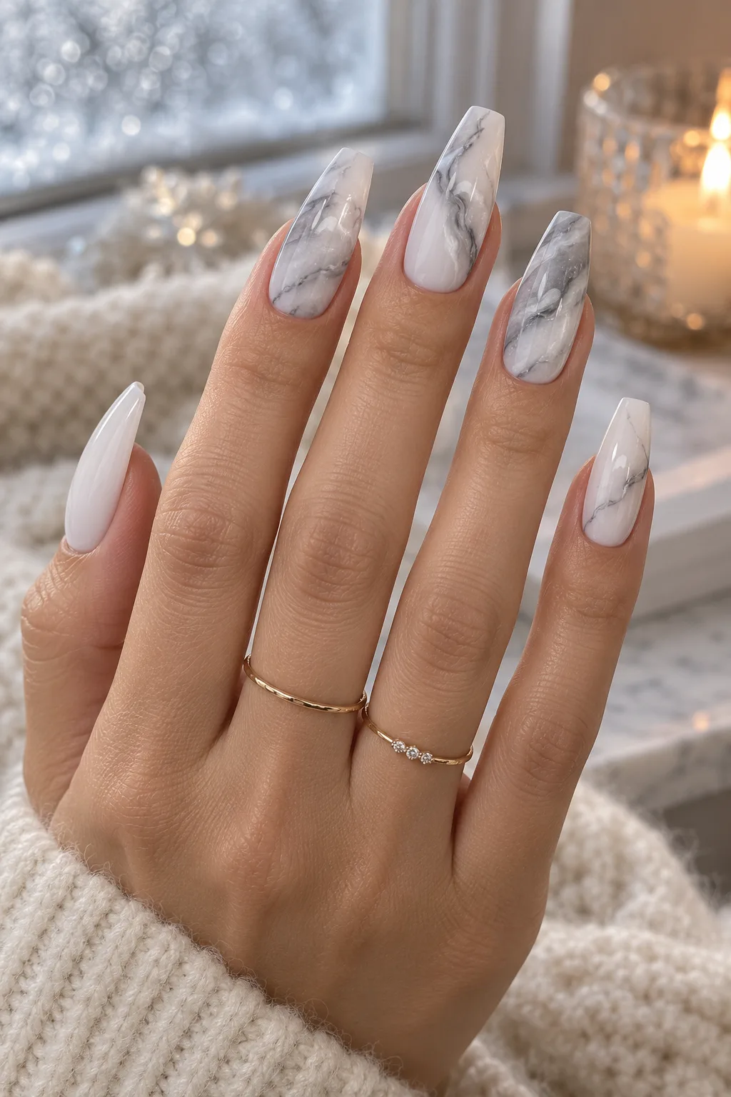 Milky white and grey marble ballerina nails, December nail ideas not Christmas