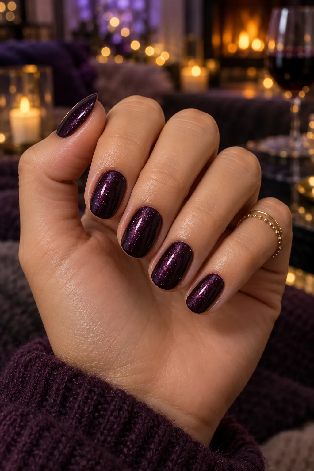 December nail ideas not Christmas: blackberry pearl oval manicure with wet-look shine