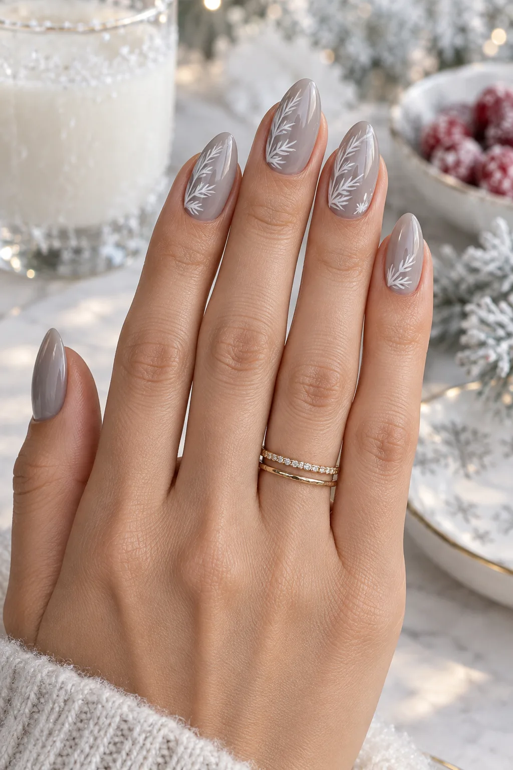 Grey nails with white frost line art, December nail ideas not Christmas
