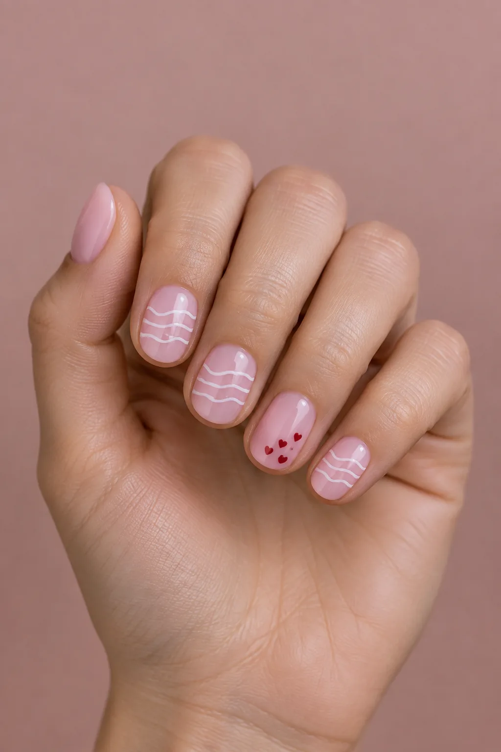 Short round jelly pink gel nails with white wavy lines and tiny red hearts