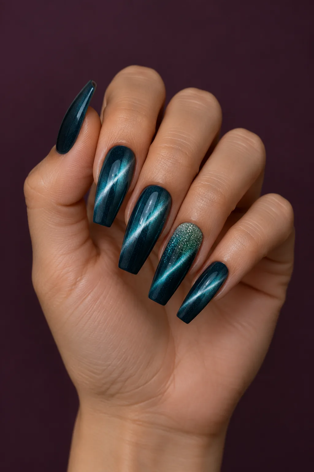 Long coffin acrylic nails in deep teal cat-eye gel with a silver light band