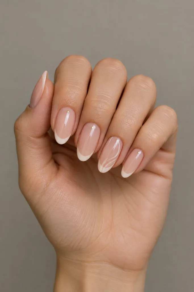 Gel vs acrylic nails difference shown on glossy milky peach almond nails with cream tips