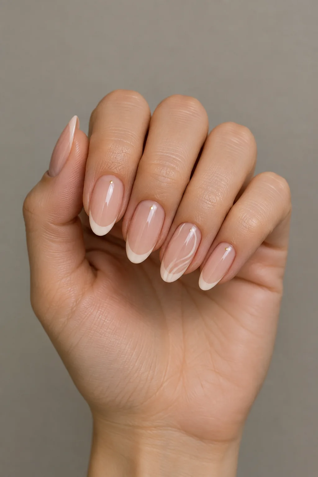 Gel vs acrylic nails difference shown on glossy milky peach almond nails with cream tips