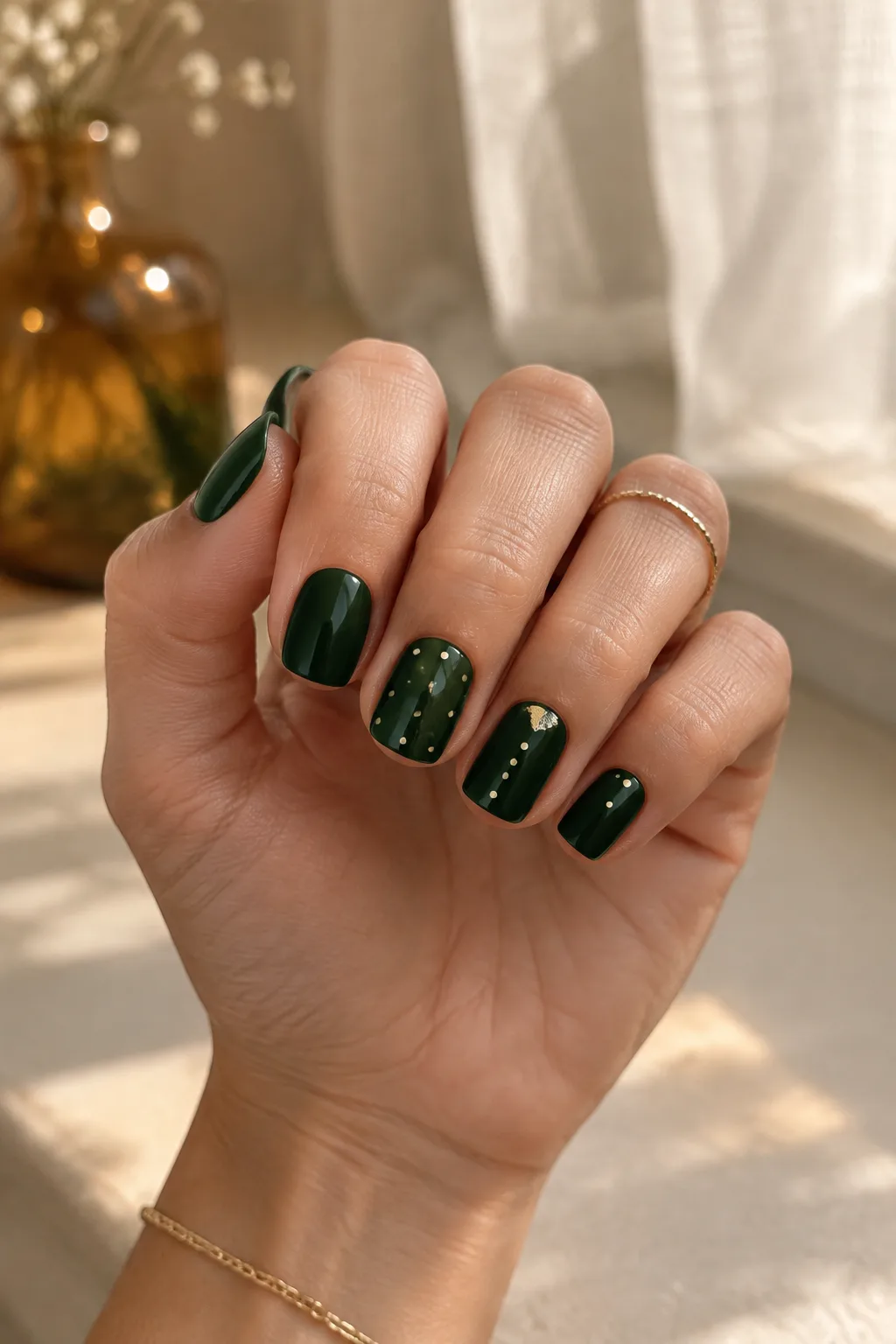 Short square forest green nails with cream dots, a dip powder style manicure