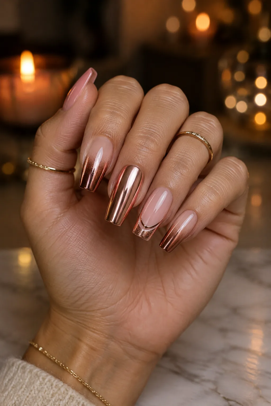 Copper rose chrome coffin nails showing long wear gel manicure shine