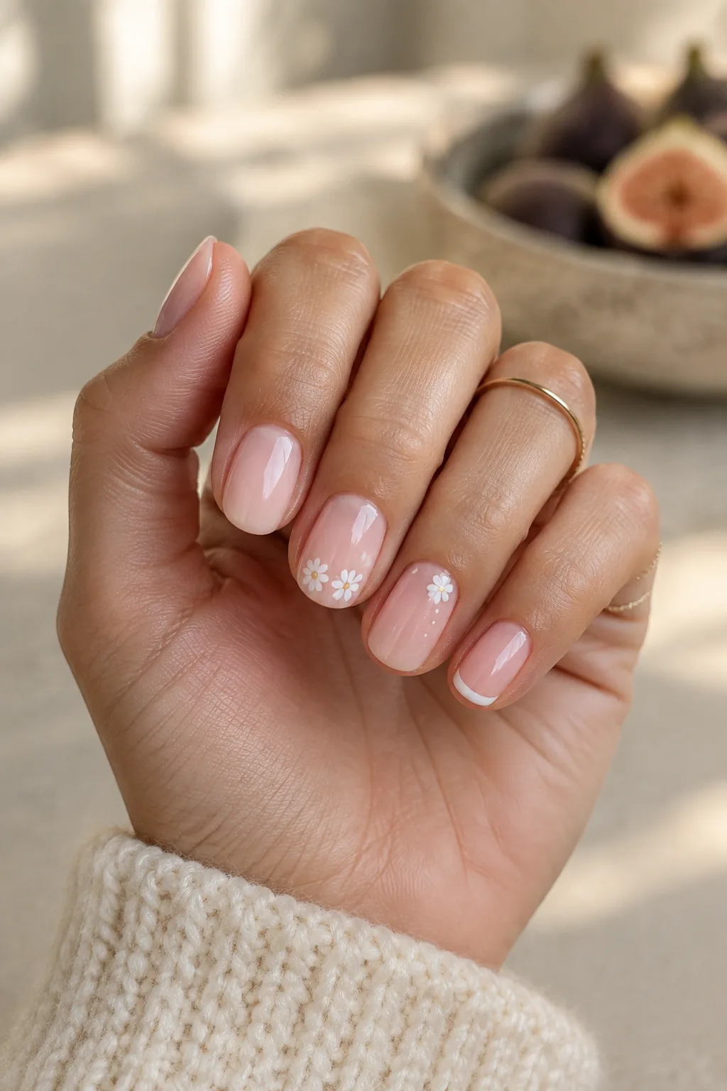 Short round milky peach jelly nails with tiny daisies for short natural nail beds