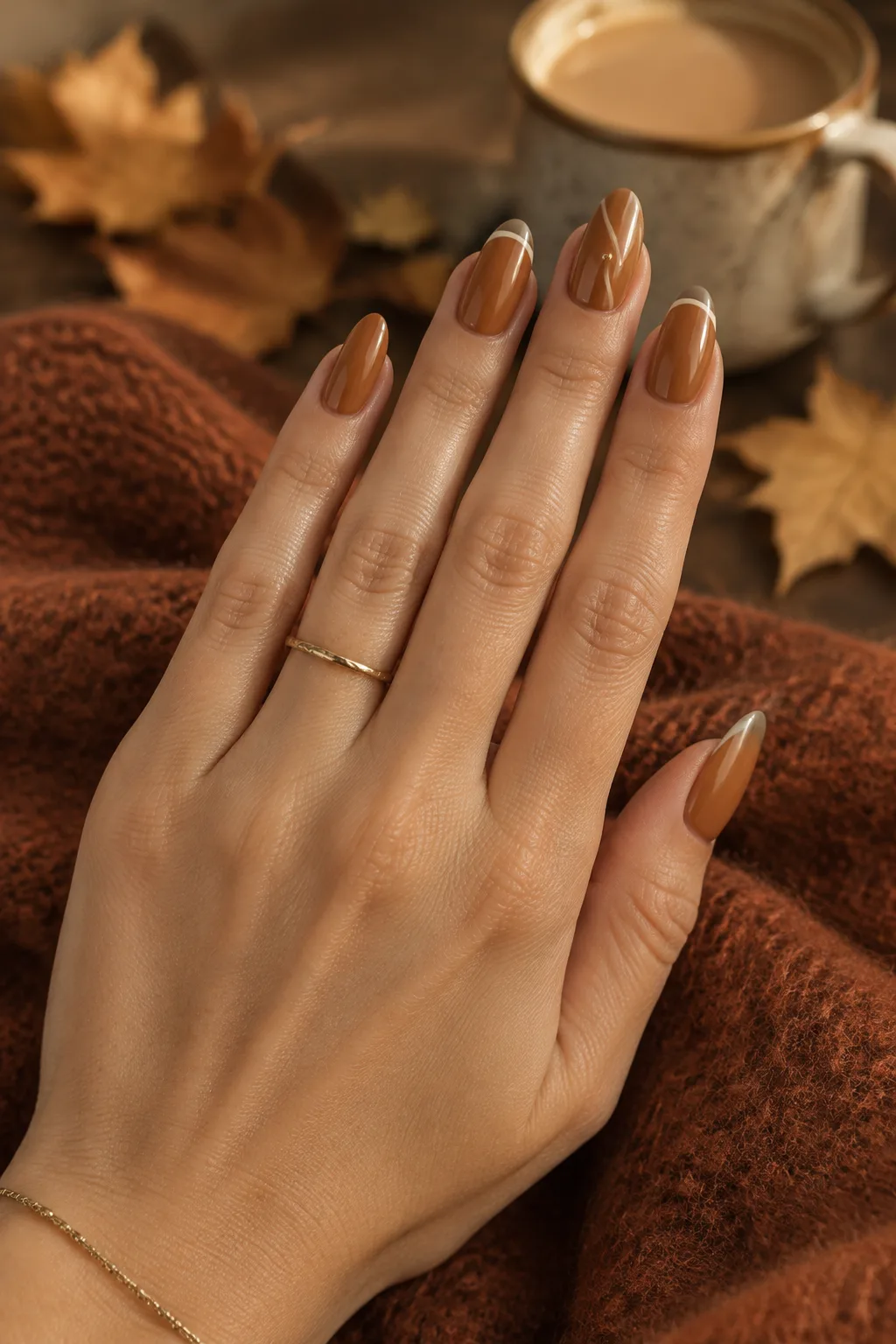 Glossy caramel almond nails with cream micro french, used to compare gel vs dip powder nails