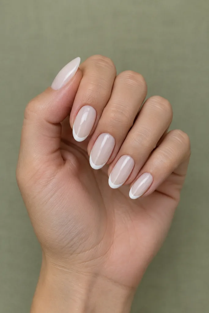 Short almond hoco nails in milky white with thin micro French tips