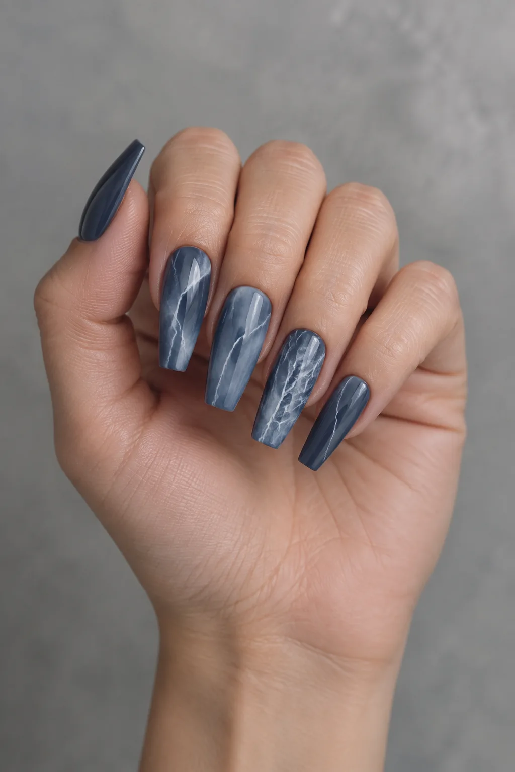 Long coffin hoco nails in navy marble with thin white veins