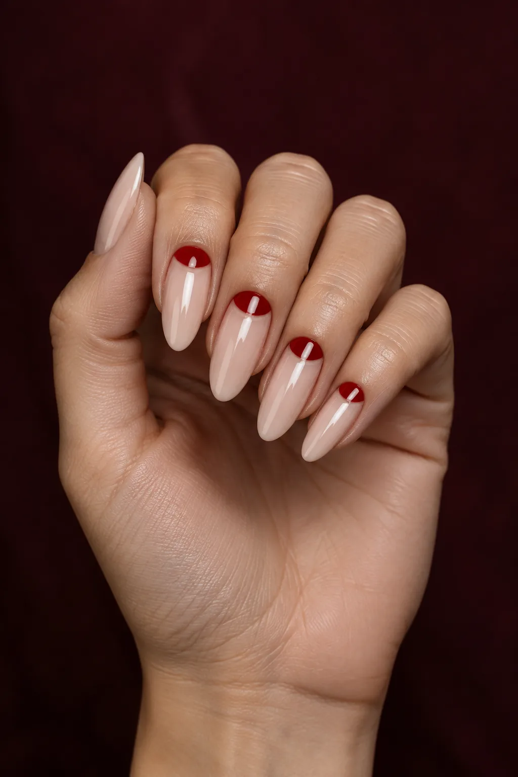 Long almond hoco nails with red reverse French half moons on nude