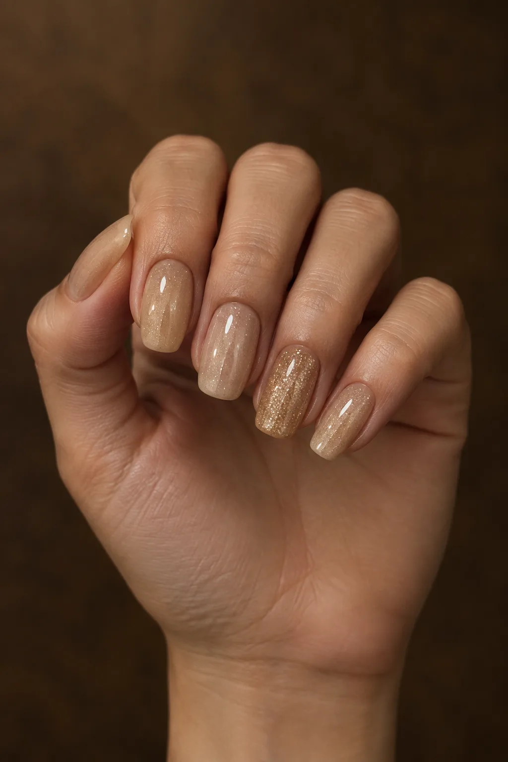 Short flare hoco nails in champagne jelly with fine gold glitter