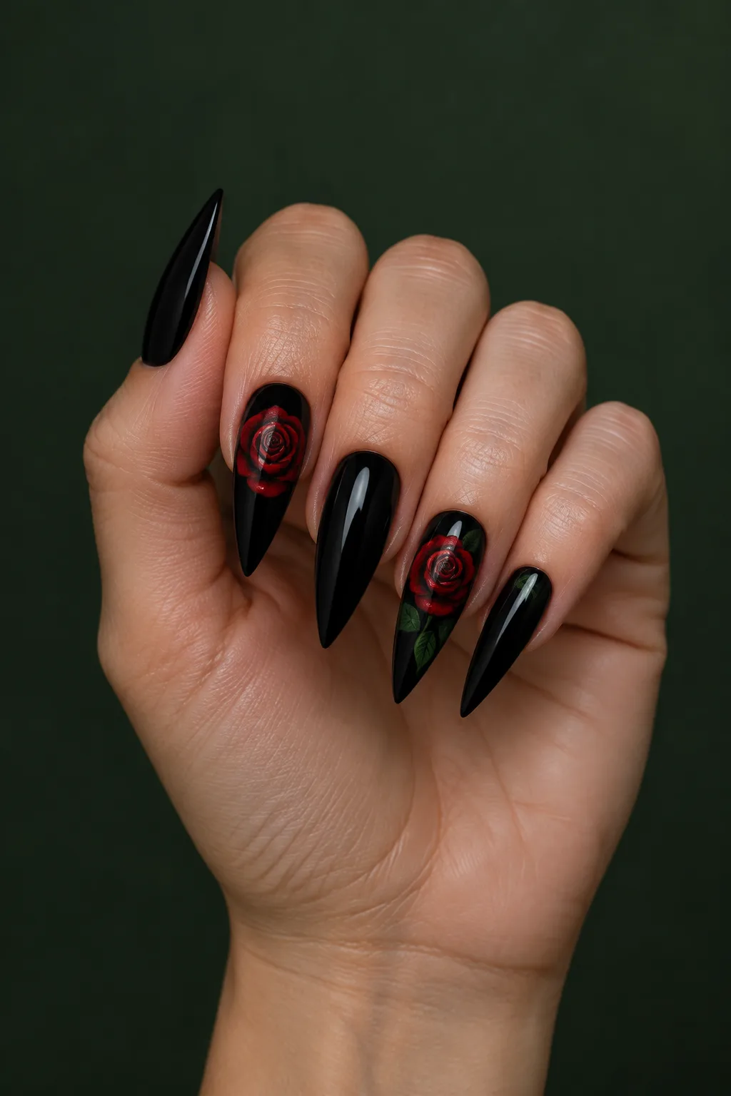 Long stiletto hoco nails in black with hand painted red roses