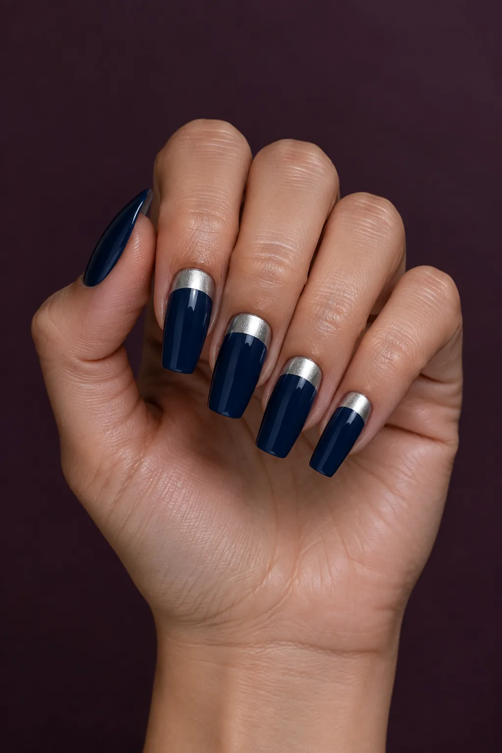 Medium coffin hoco nails in navy blue with silver mirror chrome tips