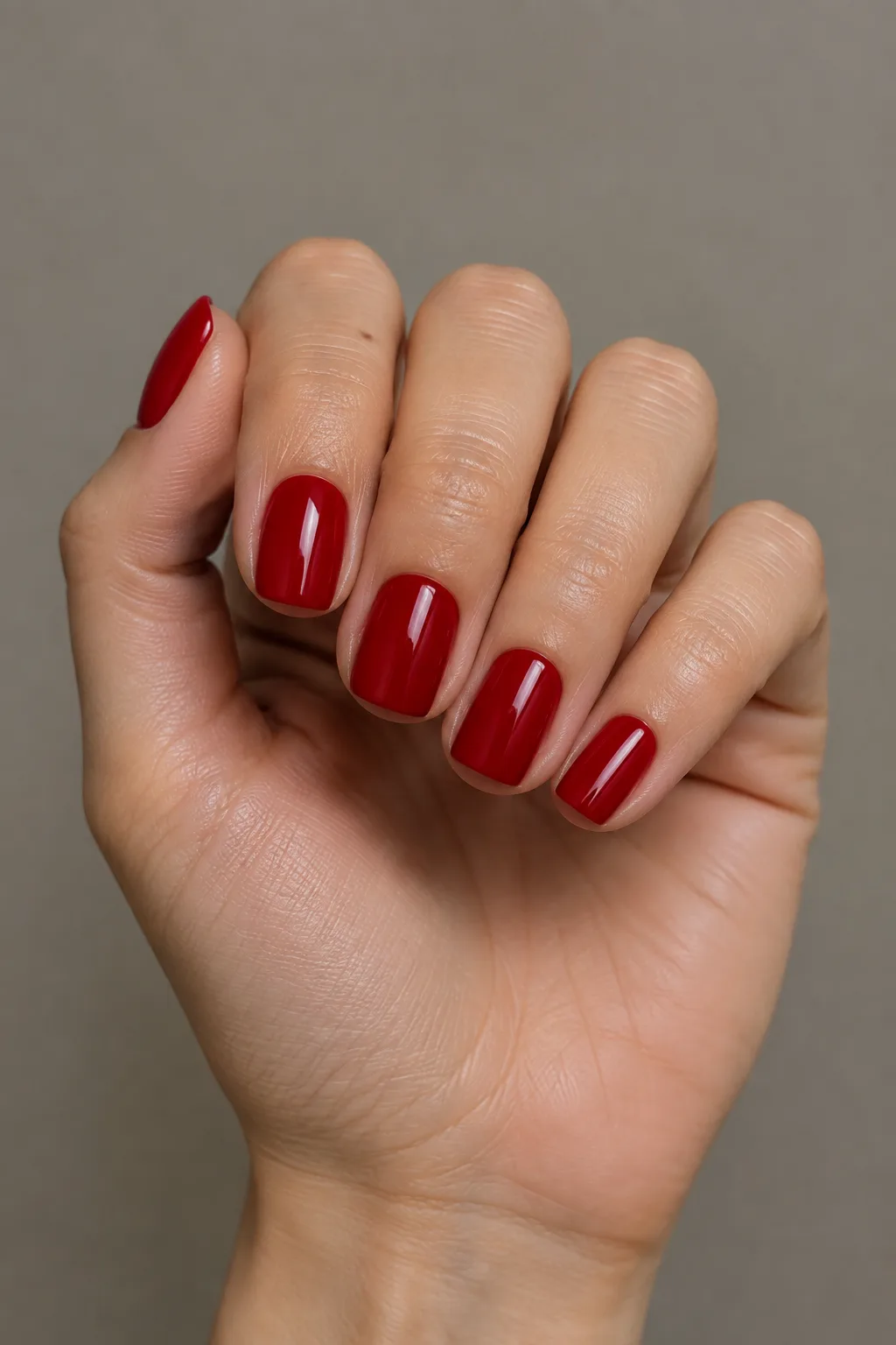 Short square hoco nails in glossy cherry red for a red homecoming dress