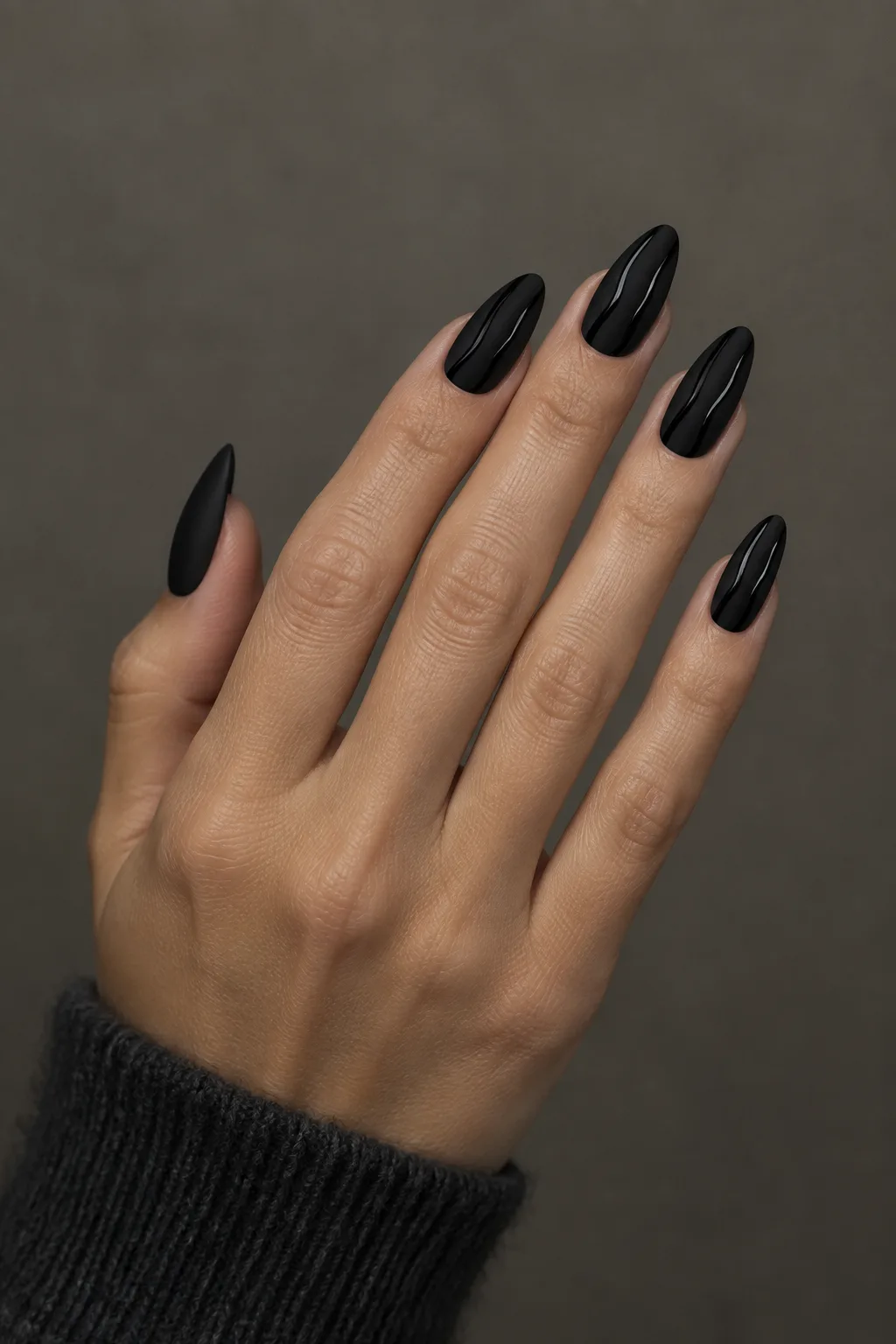 Medium almond hoco nails in matte black with glossy black swirl art